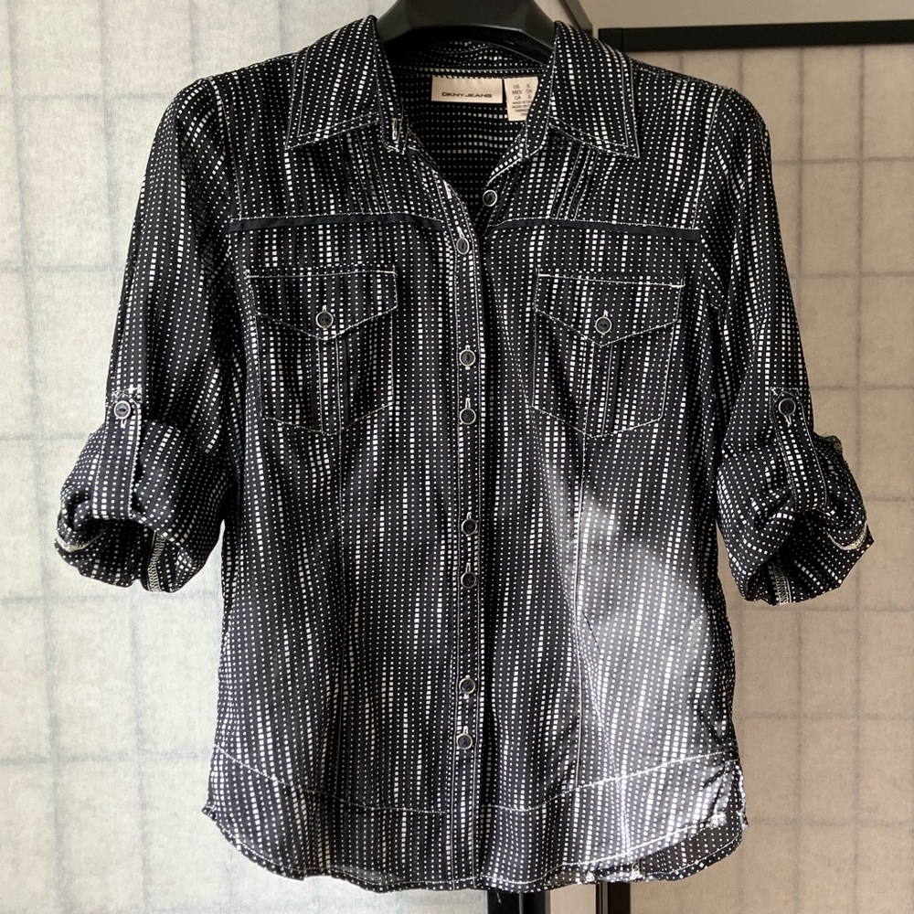 Y2K DKNY Jeans Blouse Button-Down Cowgirl Flair Black White Polka Dot Top